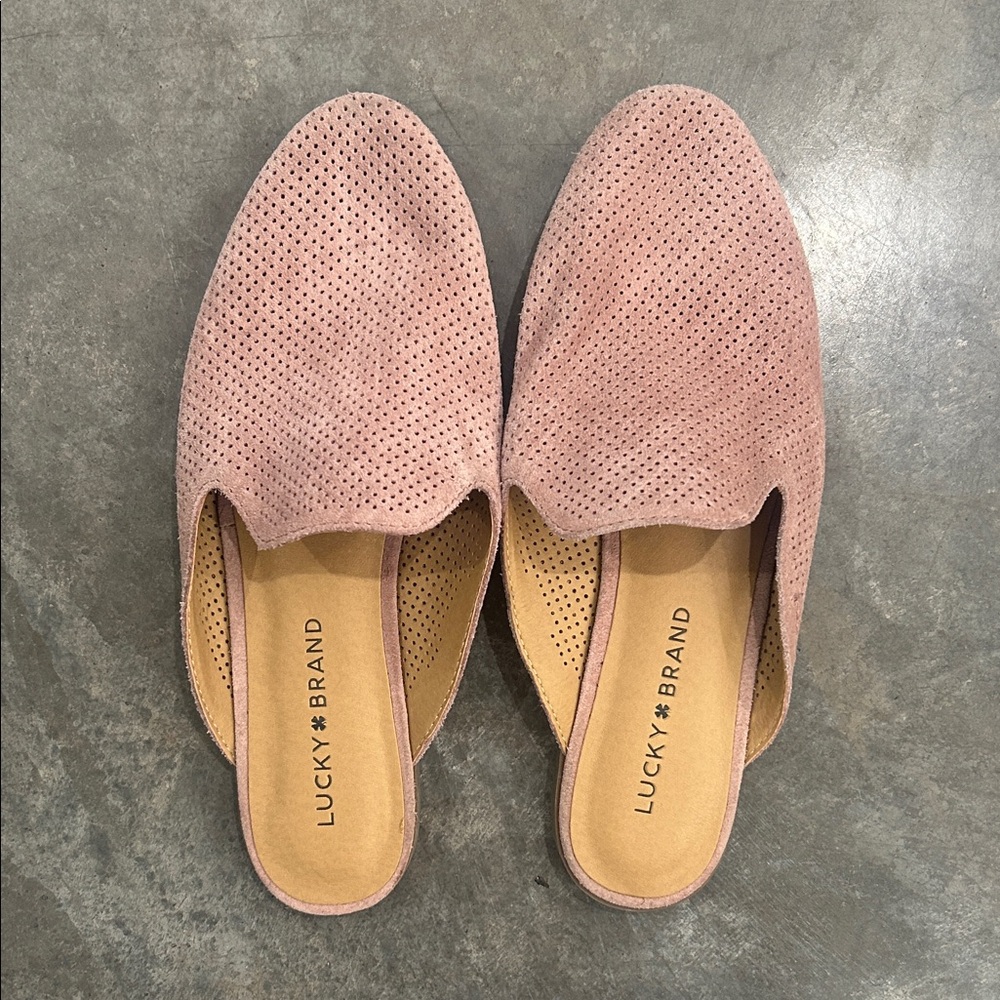Lucky Brand Dusty Pink Suede Perforated Slide Mules